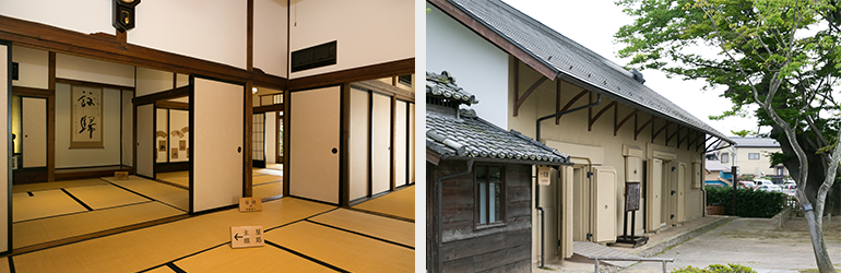 （写真左）主屋の様子。右奥がもともと二階のあった裏部屋。　（写真右）樹齢260年以上のケヤキと、建築年代がわかる、現存する土蔵としては福島県内で最古となる十間蔵。