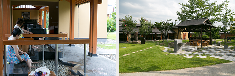 （写真左）車いすの方も利用しやすいよう設置された足湯・手湯。　（写真右）美しい庭園の中央付近には井戸小屋があります。