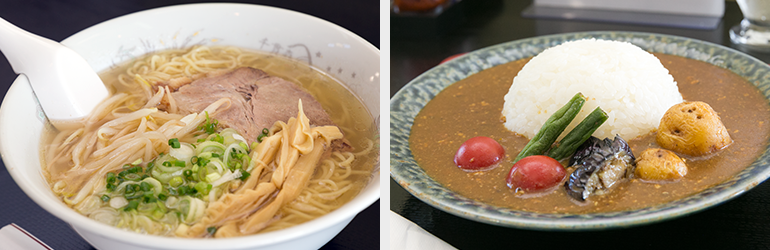 （写真左）ダブル地鶏ラーメン（塩）630円。コクがある鶏のスープがおいしいです。　（写真右）夏野菜を使ったキーマカレー680円は、夏にぴったりな商品です。