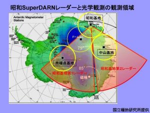 SuperDARN昭和SENSUレーダー視野と、その視野下の広域光学観測網視野の画像